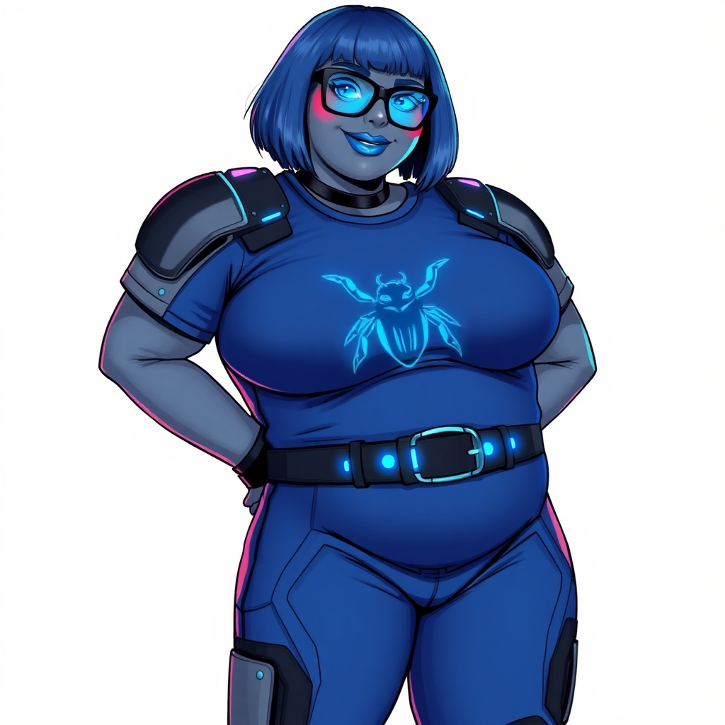 A 28-year-old, full-figured, middle gray skinned computer program hybrid with a maximum blue bob cut. She has a non-athletic build, highlighted by a prominent, round, large midsection (with emphasis on her belly), which shows the aftermath of her pampering. As the heavily pampered digital sidekick to her cyberpunk vigilante boyfriend, her middle gray metallic skin and maximum blue lipstick emphasize her digital nature. She wears a digital, computerized costume consisting of a huge, tight-fitting, maximum blue t-shirt with a neon blue glowing chest icon of a beetle, hi-tech shoulder pads with neon blue accents, a black hi-tech belt with a digital neon blue glowing buckle, digital maximum blue biker pants with neon blue accents, and black hi-tech fingerless biker gloves with neon blue glowing accents. Her neon blue glowing eyes, black eyeglasses with a neon blue glowing HUD built in its lenses, and shy smile with neon red blush accentuate her nerdiness. She stands bashfully with her hands behind her back, her costume covering all her skin and emphasizing her full-figured physique (especially her belly). She is clearly non-athletic, with a focus on her full-figured physique. Despite her build, she radiates beauty. She has a slim face compared to her physique, accentuating her radiant beauty. She is on a solid white background. She is drawn as if she was in a retro 2D cyberpunk fighting game.