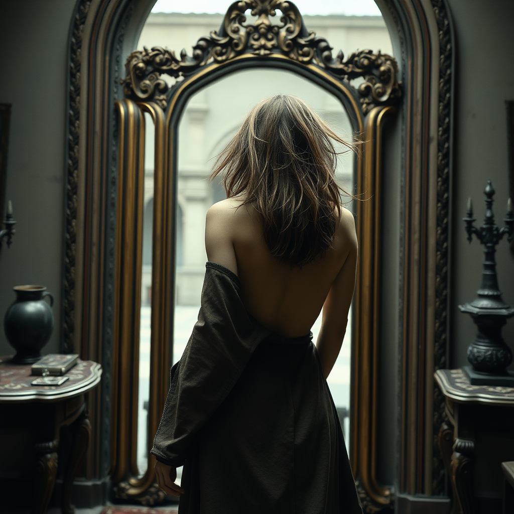 A full body shot from behind of a pretty twenty-something female orc wizard with a face resembling (ana de armas) looking at herself in a full length mirror in an elaborate study. messy shoulder length hair tussled by wind. inside a courtyard. Hyper-realistic, Photorealistic digital matte painting, soft focus, film grain, lens flare. gritty, dirty, scuffed.