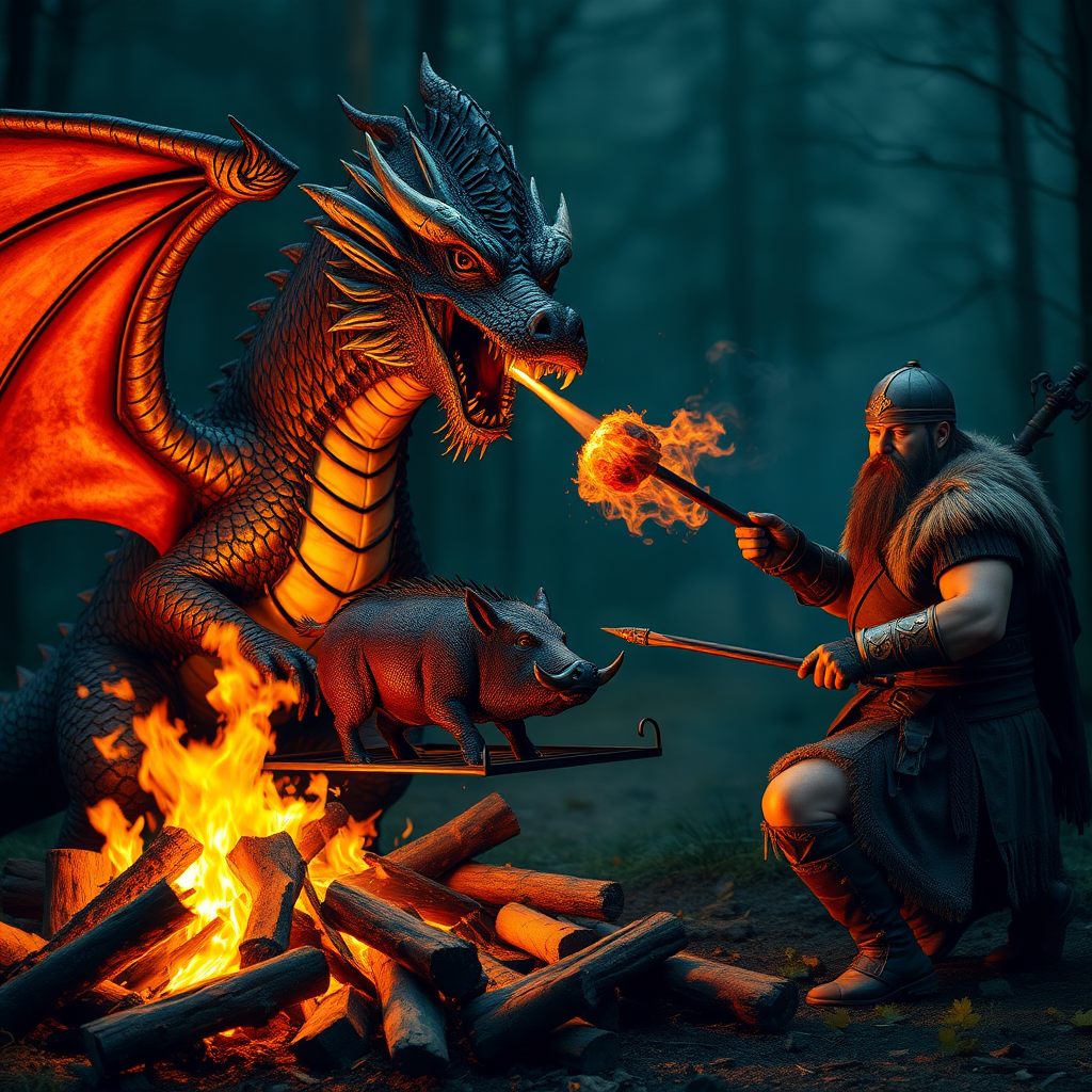 a dragon and a warrior roast the boar on the grill over a campfire, and the dragon spits fire out of its mouth to roast the wild boar.