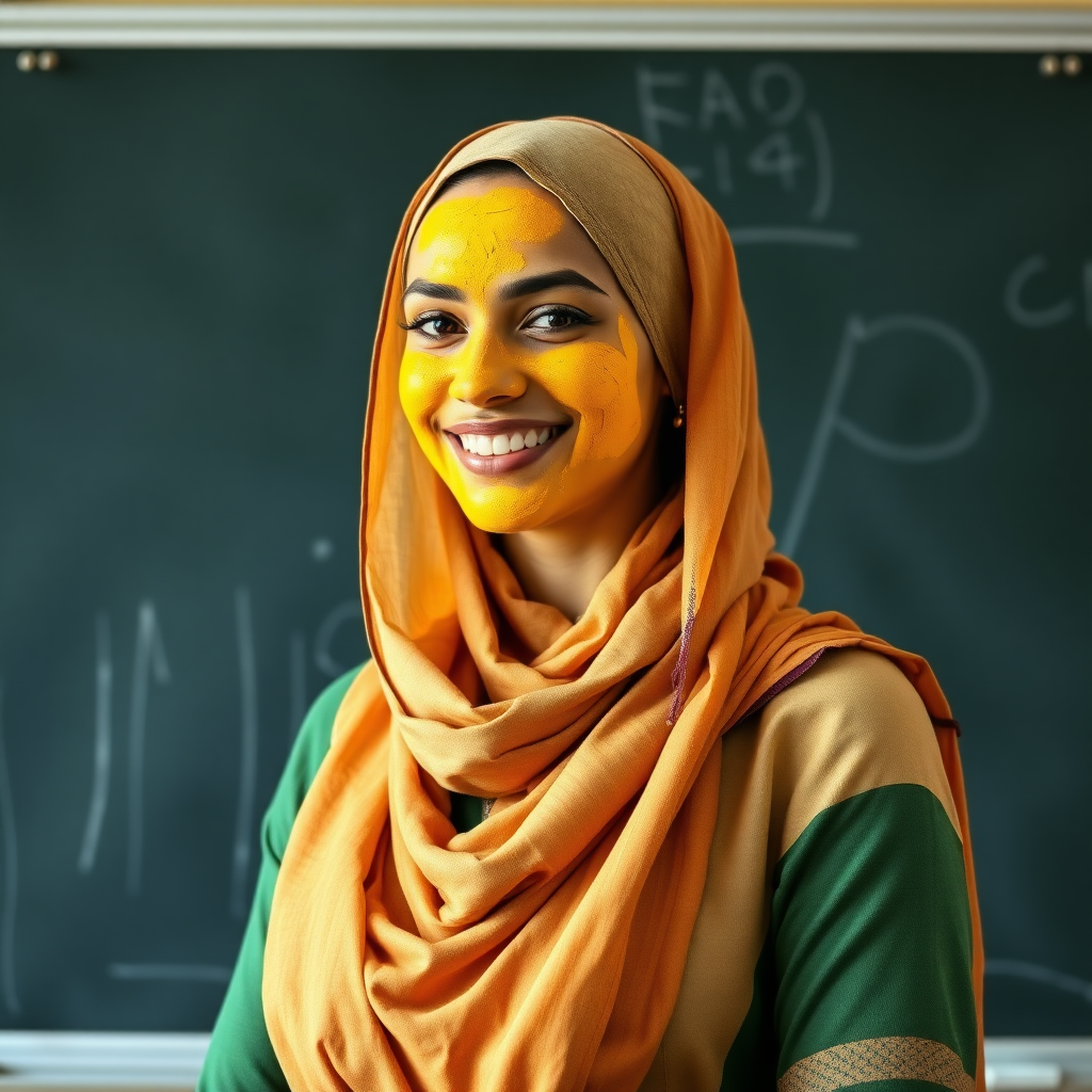 slim, 30 year old, sexy, french female school teacher, saree, scarf head, turmeric face mask. She is smiling and teaching on a blackboard