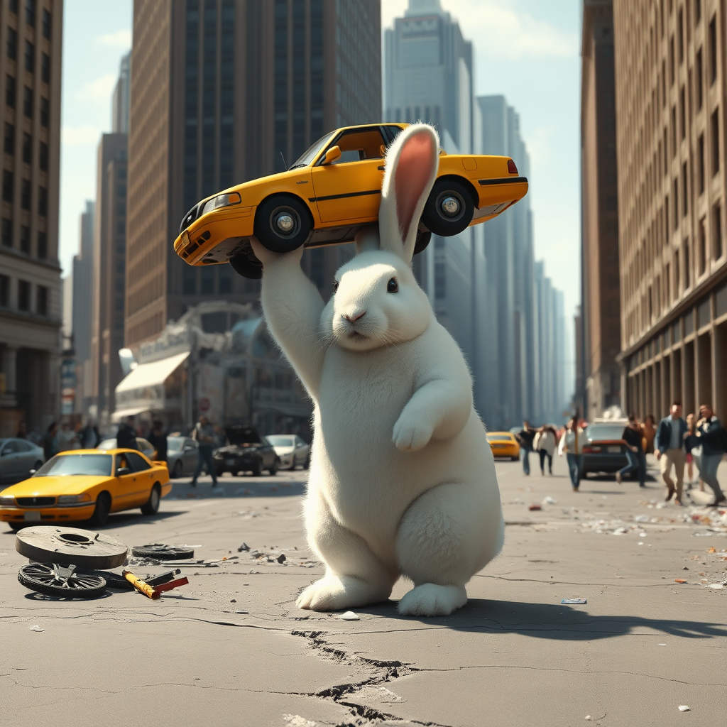 A hyper-realistic, surreal image of a gigantic white rabbit standing in the middle of a city street, holding a yellow taxi cab above its head with ease. The rabbit is soft and fluffy, with fine details in its fur and a calm expression, contrasting the chaos around it. The city scene features tall buildings, shattered cars, debris, and cracks in the road as if a massive event has just occurred. People in the background are reacting with shock, some running while others are frozen in disbelief. The lighting is natural, with daylight illuminating the scene, casting realistic shadows from the buildings and the rabbit. The taxi's details, such as its wheels and windows, are sharply defined. The overall tone is both whimsical and chaotic, blending realism with fantasy. Ultra-detailed, trending on ArtStation, hyper-realism, with cinematic lighting and dynamic action.