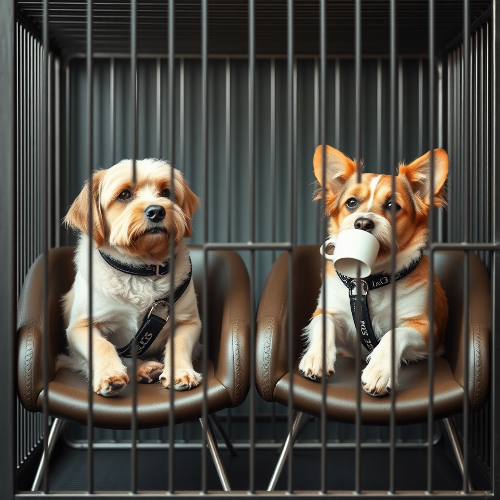 Two dogs sitting in chairs like humans. They are in a cage drinking espresso.