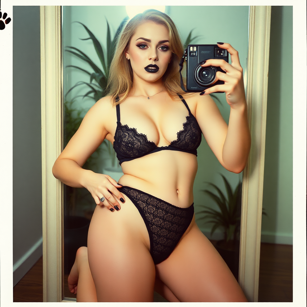 An old polaroid photo with a color tint to the photograph and visible light leaks. The photo depicts a reflection of a sexy girl with pale skin taking a selfie with an old film camera. Her booty is plump. She is gothic and wears seductive makeup with long eyelashes and black lipstick. Her mascara is running as though she has been crying. She has large breasts with ample cleavage. She is wearing a skimpy thong that leaves a gap between her pubic area and thigh. The fabric of her thong is black lace. Her bra is translucent and mesh. She is in a photography studio with artistic lighting and plants are all around behind her. Her skin has a natural texture with visible pores and imperfections. Her nails are painted black. She is pulling her thong by the edge. She has a thigh gap. She is on her knees kneeling above a large mirror.