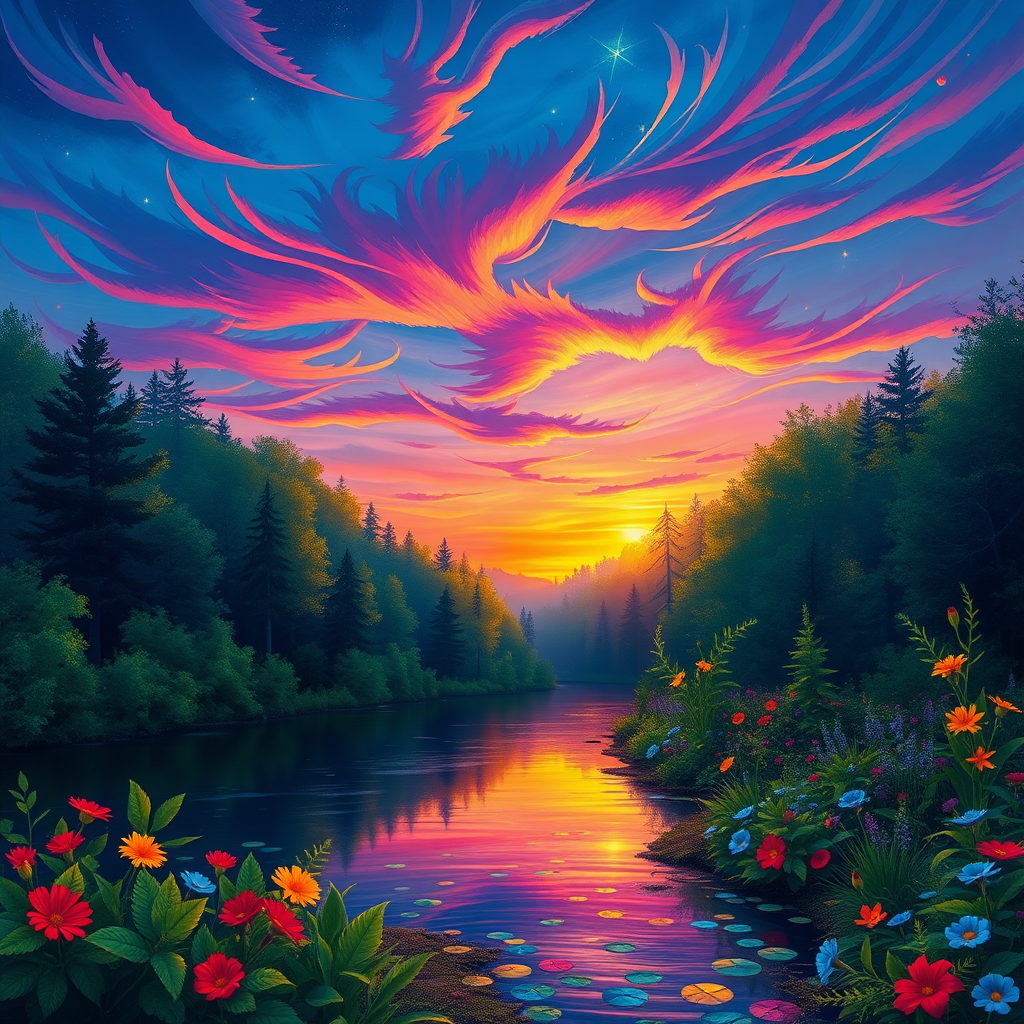 A vibrant forest scene at twilight, featuring a serene river reflecting the colorful sky above. Imagery includes rich hues of deep blue, purple, and orange as the sun sets, with wisps of clouds illuminated in pink and gold. Lush greenery lines the riverbank, adorned with a variety of flowers in bright colors like red, yellow, and blue. The water is sprinkled with floating leaves and glimmers of light, enhancing the enchanting atmosphere. Stars begin to twinkle in the sky, blending with the colorful backdrop, creating a dreamlike, impressionist aesthetic.