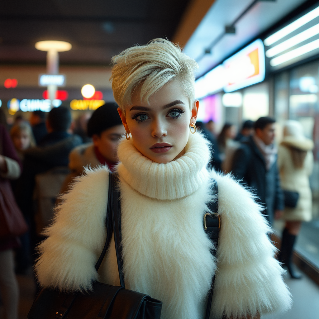 1990 winter evening, crowded cinema lobby: Sam, 19 years old beautiful involuntary femboy, rebellious intractable character, petite boyish figure, platinum blond boyish rebel punk hairstyle, flawless heavily made-up face with sharp arched tattooed eyebrows, wearing Supertanya-style fluffy very fuzzy bright white angora turtleneck-poncho fully covering body and arms, black leather high-heeled thigh-high boots, gold earrings, puzzled alarmed, black leather handbag, pout serious, impatiently waiting for her master. Focus on Sam’s face and turtleneck-poncho.