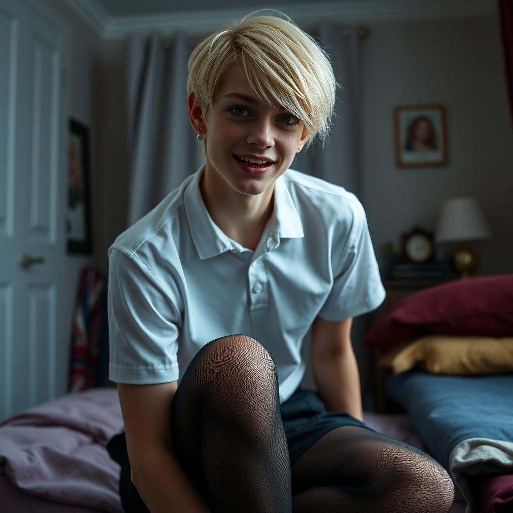 photorealistic, ultra high resolution, 16K, surreal fantasy, soft studio lighting, a pretty 16 year old goth male, slim male physique, short blonde hair, goth makeup, earrings, sheer black pantyhose, UK girls-school uniform, Mary-Jane shoes, in the bedroom - , excited smile, facing the camera.