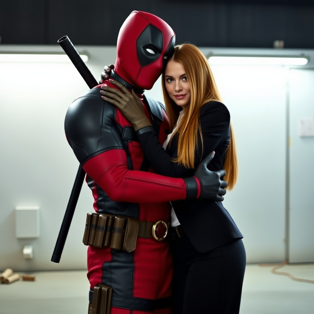 Deadpool wearing classic red and black Deadpool suit and a beautiful straight long haired female burglar in a black blazer over white shirt with black pants hugging each other as a loving couple in the action movie.