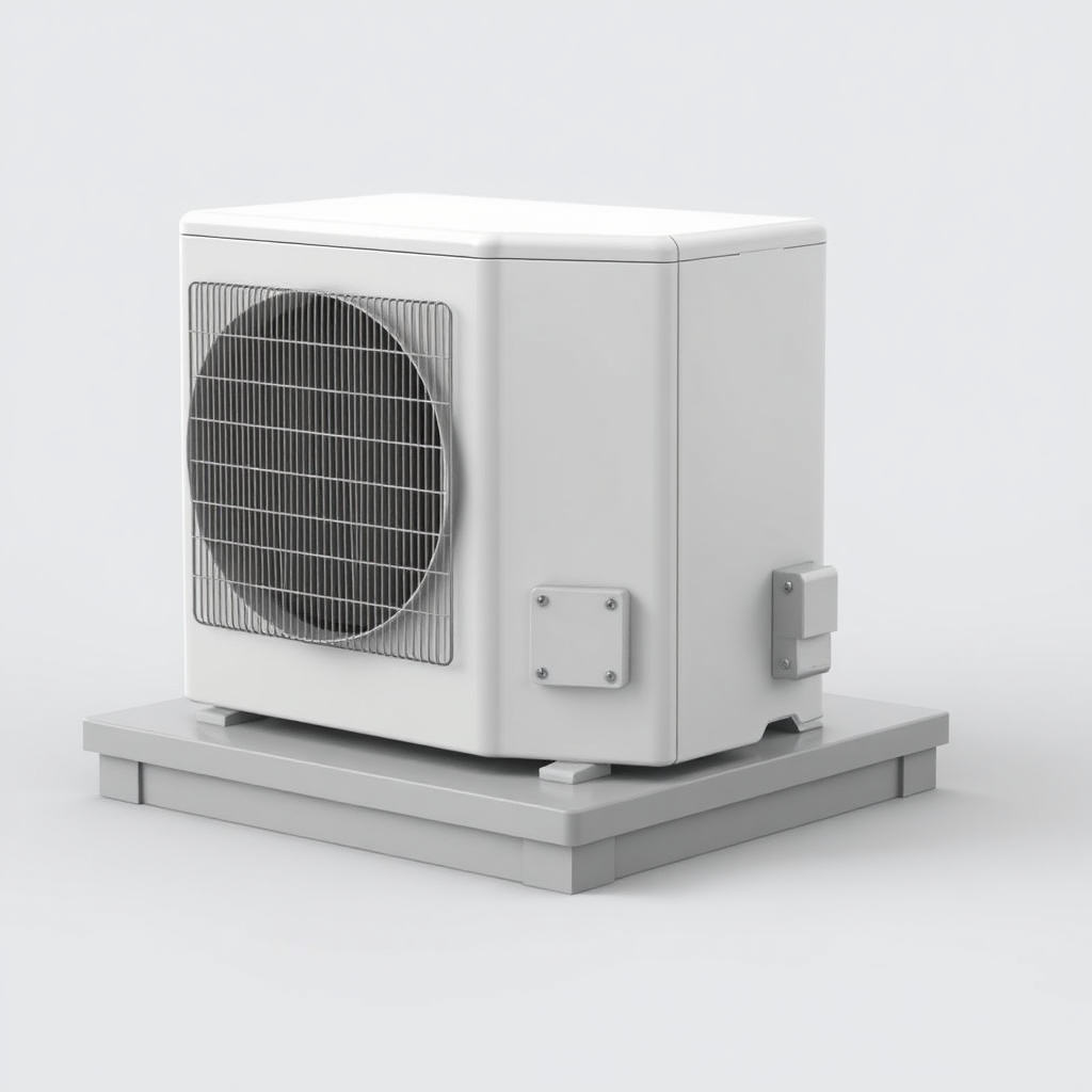 A simple, 3D model of a standard residential outdoor air conditioning unit or condenser. The unit should be placed on a flat surface. The unit should be a neutral color. Plain, uncluttered background. No text.