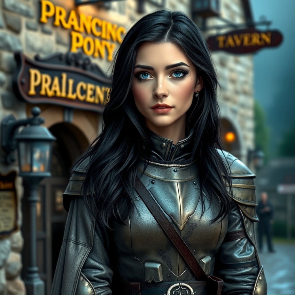 beautiful young woman, dark hair past her shoulders, blue eyes, small, slim figure, wearing light full leather armor suit, long cloak, standing next to medieval tavern with sign: "Prancing Pony".