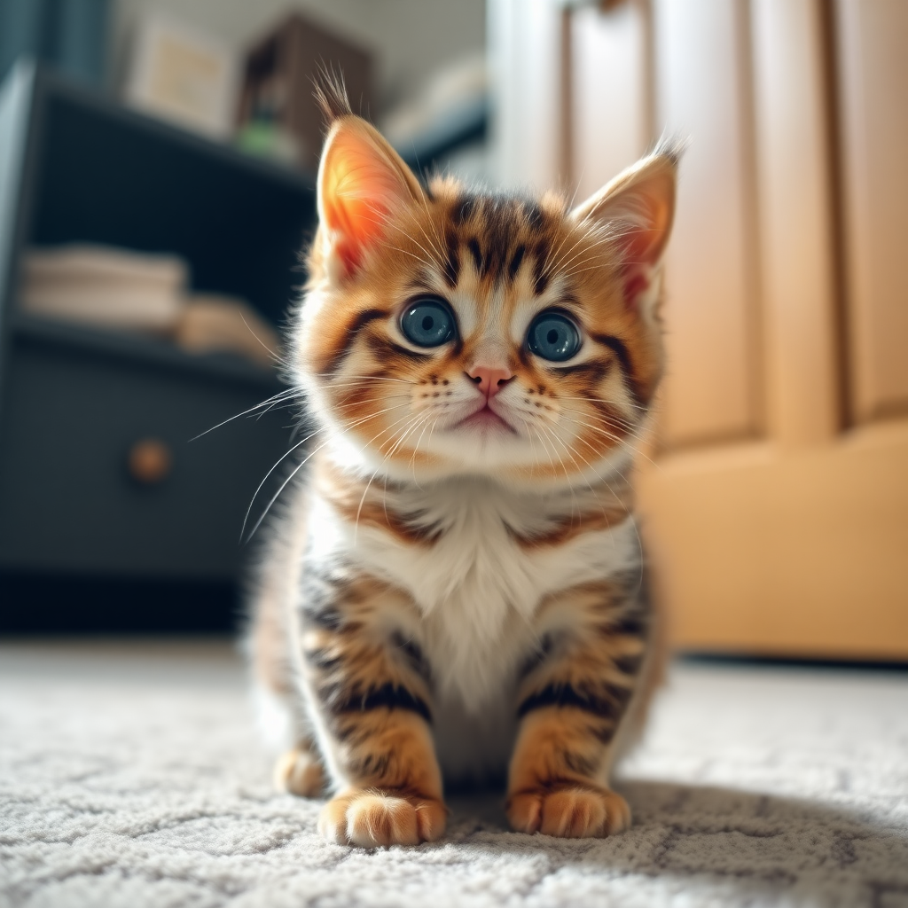 A cute little cat in the room, adorable and chubby.