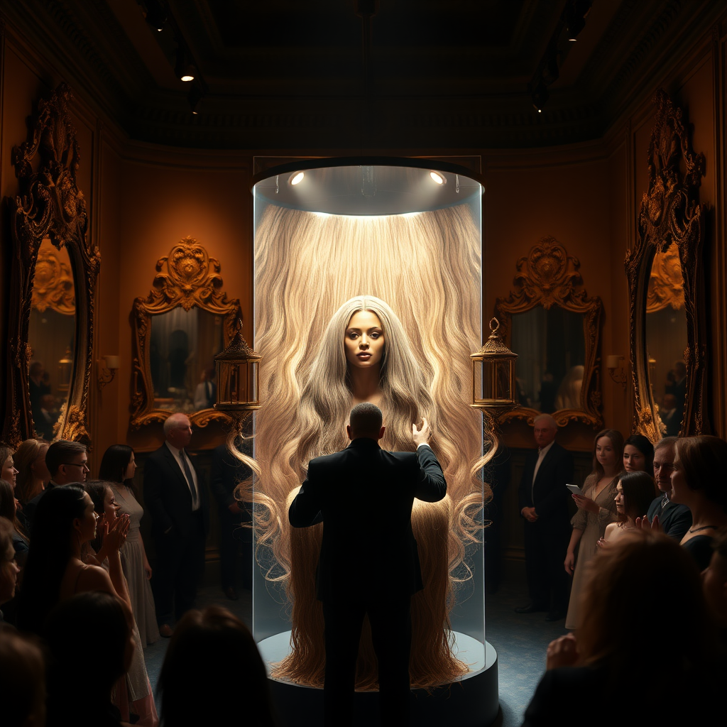 In an enchanting exhibit of a unique long hair fetish museum, a stunningly elaborate magic trick captivates the audience’s attention. At the center of the dimly lit space, a gracefully illuminated stand showcases the ethereal figure of Beyoncé’s disembodied head, framed by cascading waves of her lustrous, very long hair that cascades down like shimmering silk. The hair, glistening under soft, warm spotlights, exhibits hues of deep mahogany with subtle hints of golden highlights, creating an almost hypnotic effect.

Surrounding the stand, walls adorned with gorgeous, vintage mirrors reflect the shimmering locks, amplifying their beauty and allure. The hushed whispers of intrigued onlookers blend with the distant soft strains of classical music, enhancing the atmosphere of wonder and awe. The air is scented lightly with a blend of fresh flowers and rich sandalwood, creating a serene environment that feels both magical and slightly surreal.

As the audience watches, the hair seems to sway gently, as if a life of its own, evoking a sense of wonder and curiosity. The performer, dressed in an elegantly tailored suit, adds to the mystique as they skillfully manipulate the setup, their swift movements punctuated by gasps of disbelief and excitement from the crowd. This moment encapsulates a fusion of artistry and illusion, capturing both the essence of beauty and the intrigue of the extraordinary.