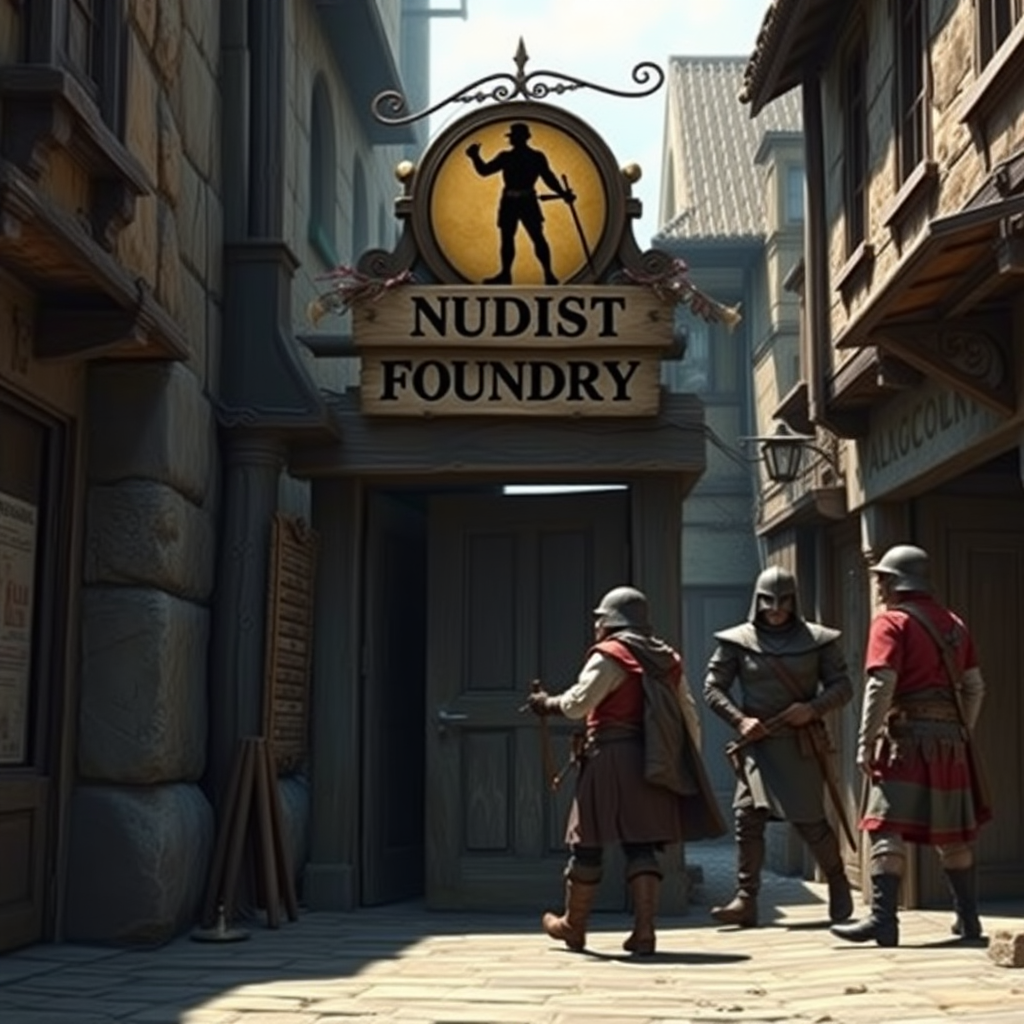 A city street in a fantasy village. Adventurer hastily leaving the door of a shop. Sign above the door says "Nudist Foundry" with a sign consisting of a silhouette image of a man holding a short pole with both hands pointing away from his midsection in a humorously erotic manner. City guards walk by, photorealistic matte painting.