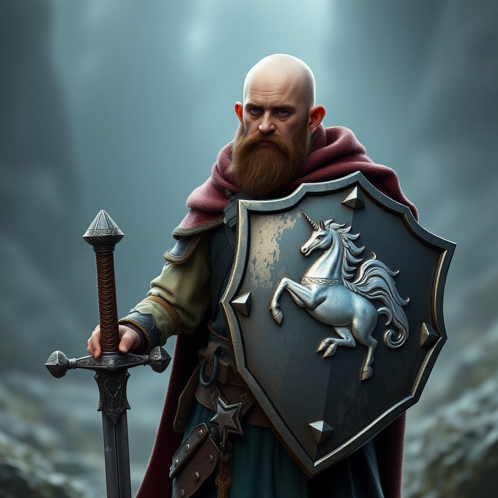 In a fantasy world, a beardless halfling paladin carrying a shield, high definition, with a normal and standard appearance. The character is standing upright, sword at his side and shield strapped to his left arm. On the shield, there is a silver unicorn depicted, photorealistic.