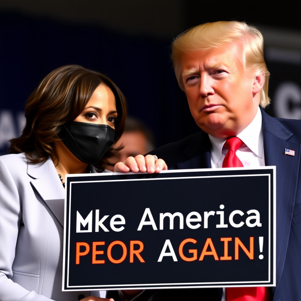 Kamala Harris and Donald Trump together holding a sign with text "Make America Poor Again."