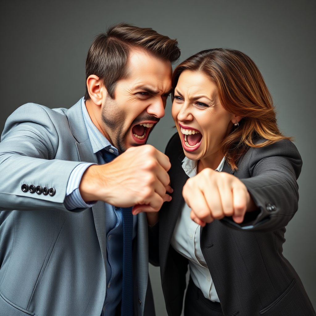 mature attractive business woman punching a man in the face, the fist is hitting his angry face and making strong impact, he looks visually disturbed, her fist is physically touching his face as she is knocking his teeth out