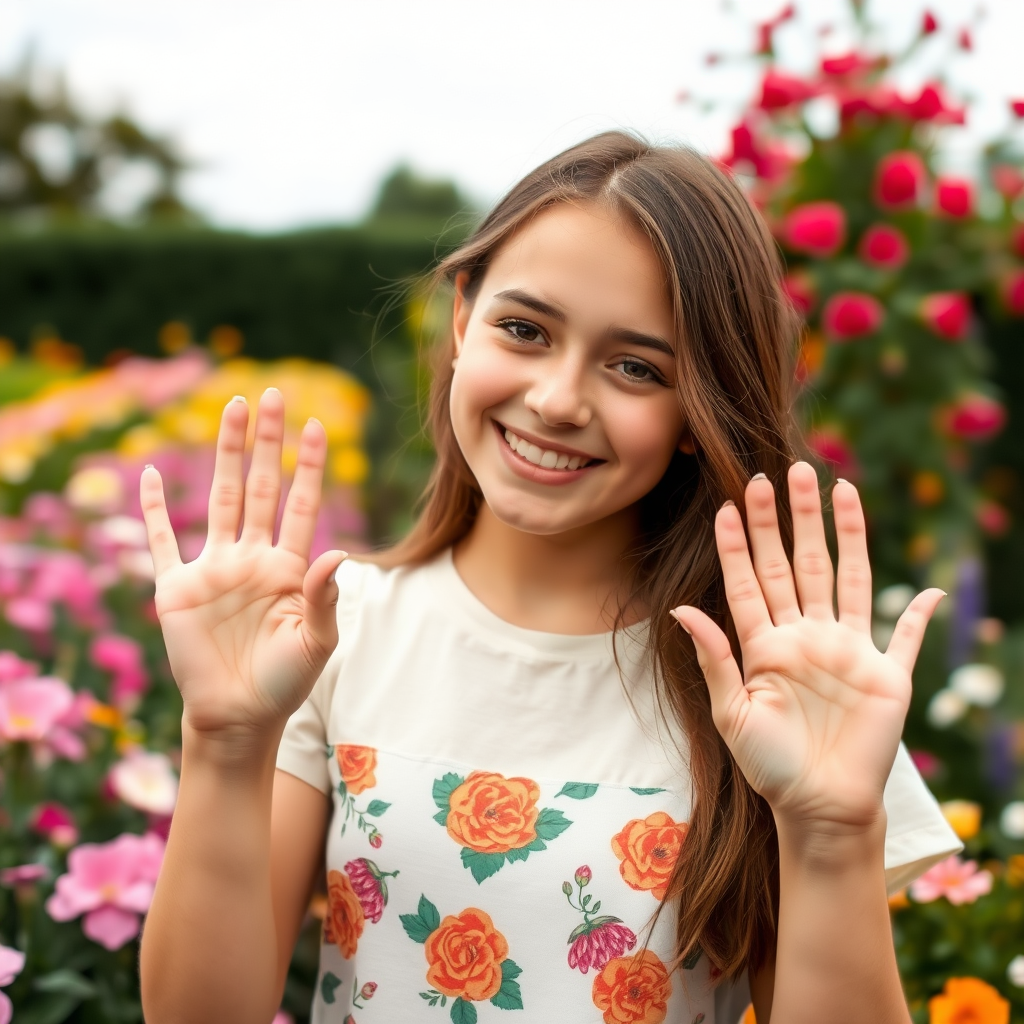 a 19 year old girl in a flower garden, smiling and holding up her hands, showing her soft pretty fingers