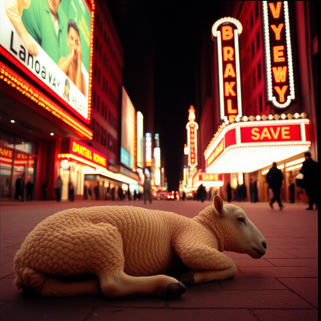 highly detailed Kodachrome color real photograph from 1974 of And the lamb lies down on Broadway  
On Broadway  
On Broadway (they say the lights are always bright on Broadway)  
On Broadway (they say there's always magic in the air)  
On Broadway  
On Broadway (they say the lights are always bright on Broadway)  
On Broadway (they say there's always-)  