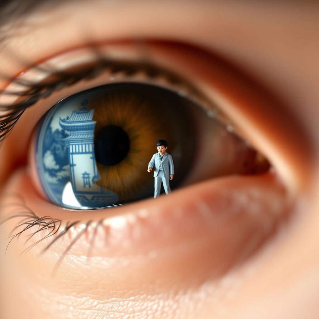 A close-up of eyes with lenses, The eye lens with traditional blue and white design Chinese blue white Design with a miniature man, trying to jump inside the lens looking like well. The composition emphasizes the eyes and its design, with flash light, focused lights, looking up, 16k, photorealistic, very closeup, soft skin texture visible.