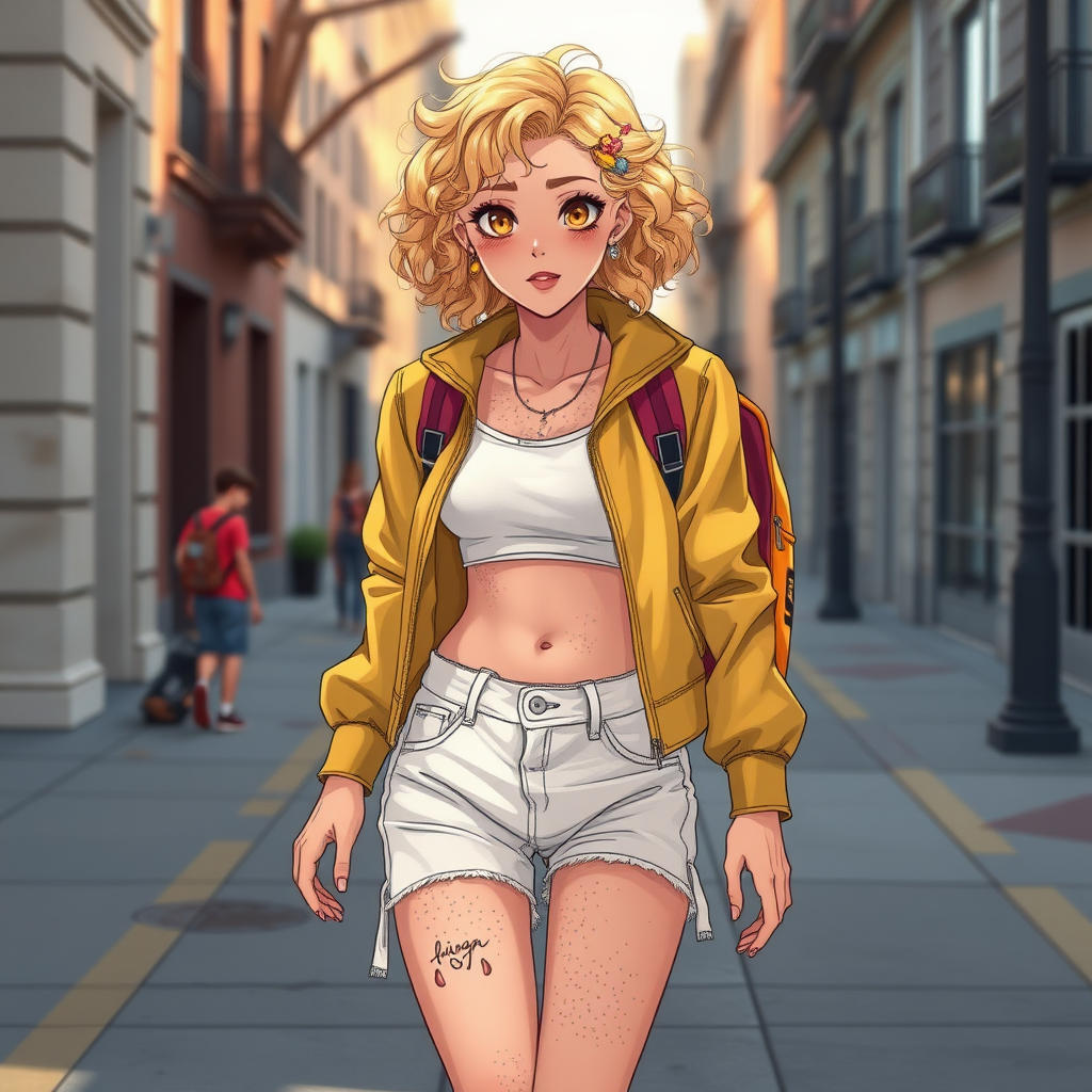 Realistic drawing style image, Extremely good quality 8k resolution drawn manga image of a 15 year old petite and short tomboy girl with golden blonde curly hair with mixed and different colored eyes for each eye and moles on her entire body and is a white American girl, Has on a Gold Jacket over a white extremely short crop top only covering her breasts and nothing more with a design on it, and has on ripped shorts and cool looking sneakers and a deep and big knife cut wound on her stomach from a huge injury she had, with a bright color backpack, ear piercings on, walking on the street to school in the morning with the beautiful sunlight lighting up her body beautifully with no tattoos.