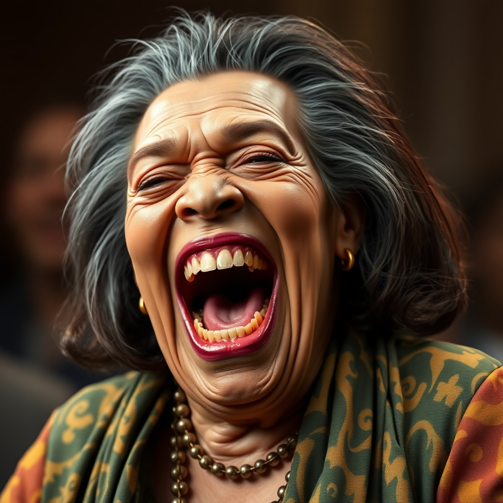 Kamala Harris lookalike old fat ugly female alien laughing with behemoth-size mouth, showing big rotten teeth,