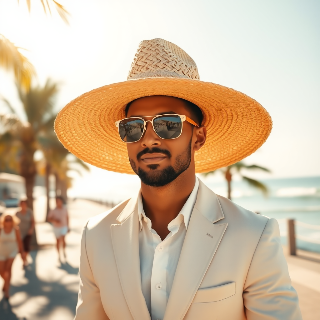 Beneath the blazing afternoon sun, a giant straw hat, with a brilliantly woven design, rests majestically atop a man's head. The hat's wide brim, elegantly curved, provides a generous shield against the bright golden rays, casting playful shadows across his face. Made from intricately braided natural fibers, hints of light tan and sun-bleached white intertwine, offering a rustic charm. He sports sleek, reflective sunglasses that glint like polished silver, accentuating the confident twinkle in his eyes. The man is dressed in a crisp, light summer suit, the fabric a cool pastel hue that gently billows with the warm breeze. Its breathable material clings just enough to his form, exuding a sense of effortless elegance. As he strolls along the sun-drenched promenade, the rhythmic sound of waves crashing in the distance mixes with laughter and the cheerful banter of passersby. The scent of saltwater hangs in the air, wrapping around him like a warm embrace, as palm trees sway lazily in the tropical breeze, framing this idyllic scene of carefree summer leisure.