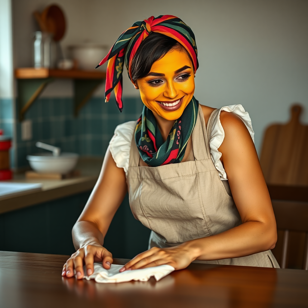 slim, 30 year old, sexy, french maid, short scarf head, turmeric face pack. She is smiling and cleaning a table with a cloth