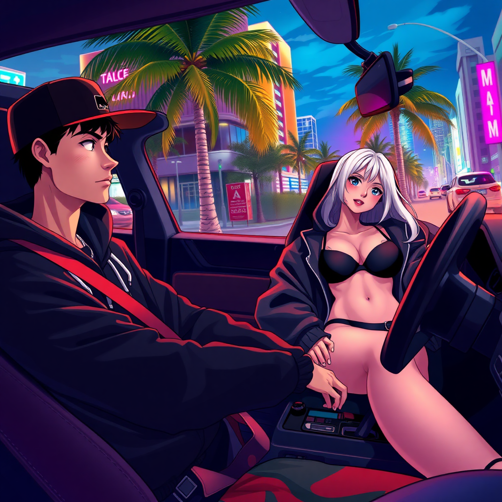 A high-quality anime art scene features Lucia, a 19-year-old Latina with a tough, street-smart vibe, confidently driving through the vibrant streets of Miami. Dressed in a black hoodie and tight, colorful pants, she exudes a bold, rebellious energy. In the passenger seat beside her is a handsome Latino guy, casually rocking a sideways cap, his laid-back demeanor perfectly in sync with the electric atmosphere of the city. In the back seat, a white blondish girl with blue eyes lounges, wearing a Bape hoodie over a black micro bikini and G-string. The neon-lit skyline and swaying palm trees blur by as they cruise through the night.