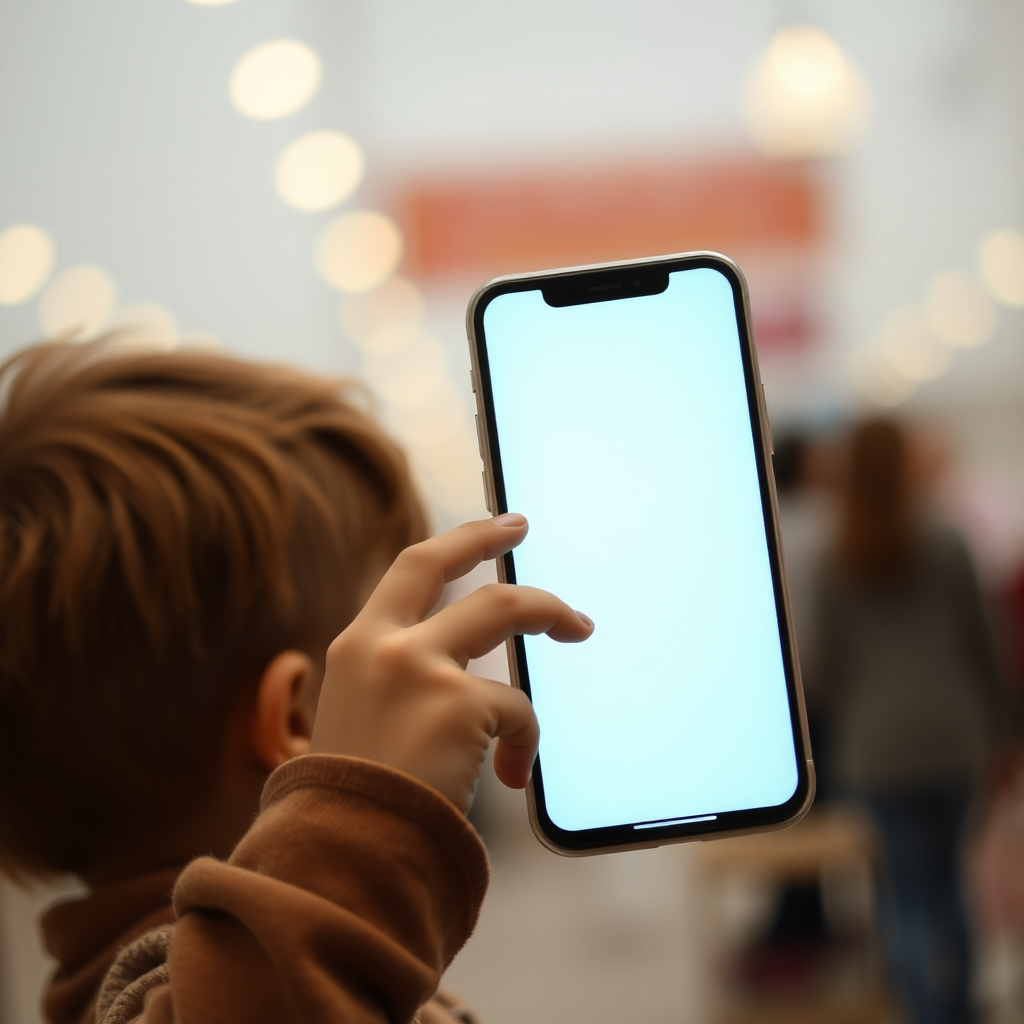 full real image of a kid using a phone turning right