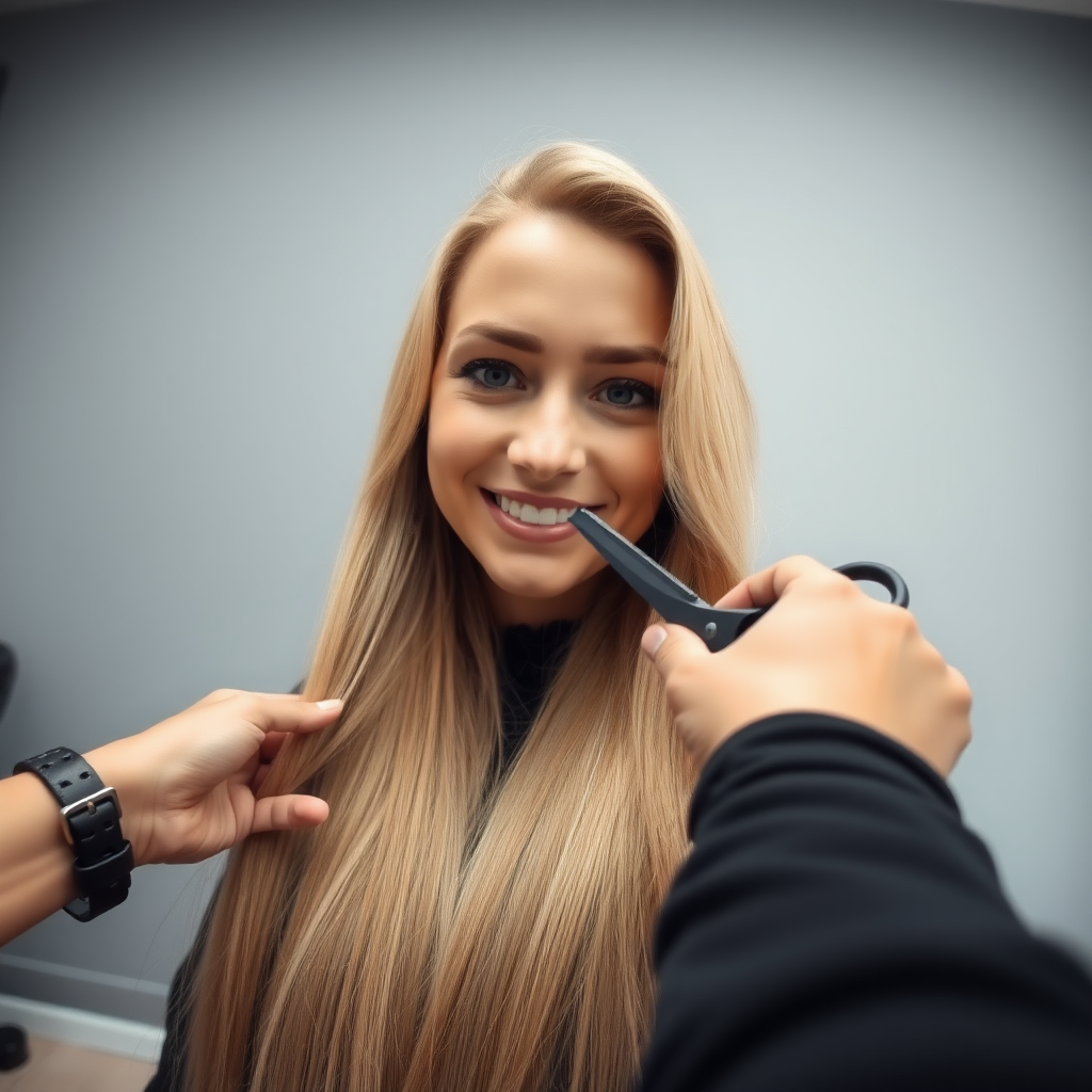 POV, beautiful very long haired blonde woman sitting in a hair salon smiling at the camera while I reach out from behind the camera to trim her very long hair. Plain gray background.