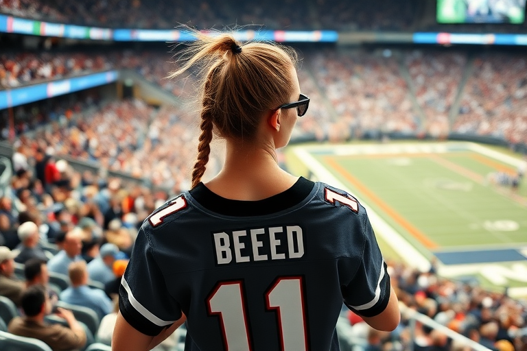 Attractive female NFL fan, pigtail hair, enthusiastic, inside crowded bleachers, holding a spare jersey, NFL stadium