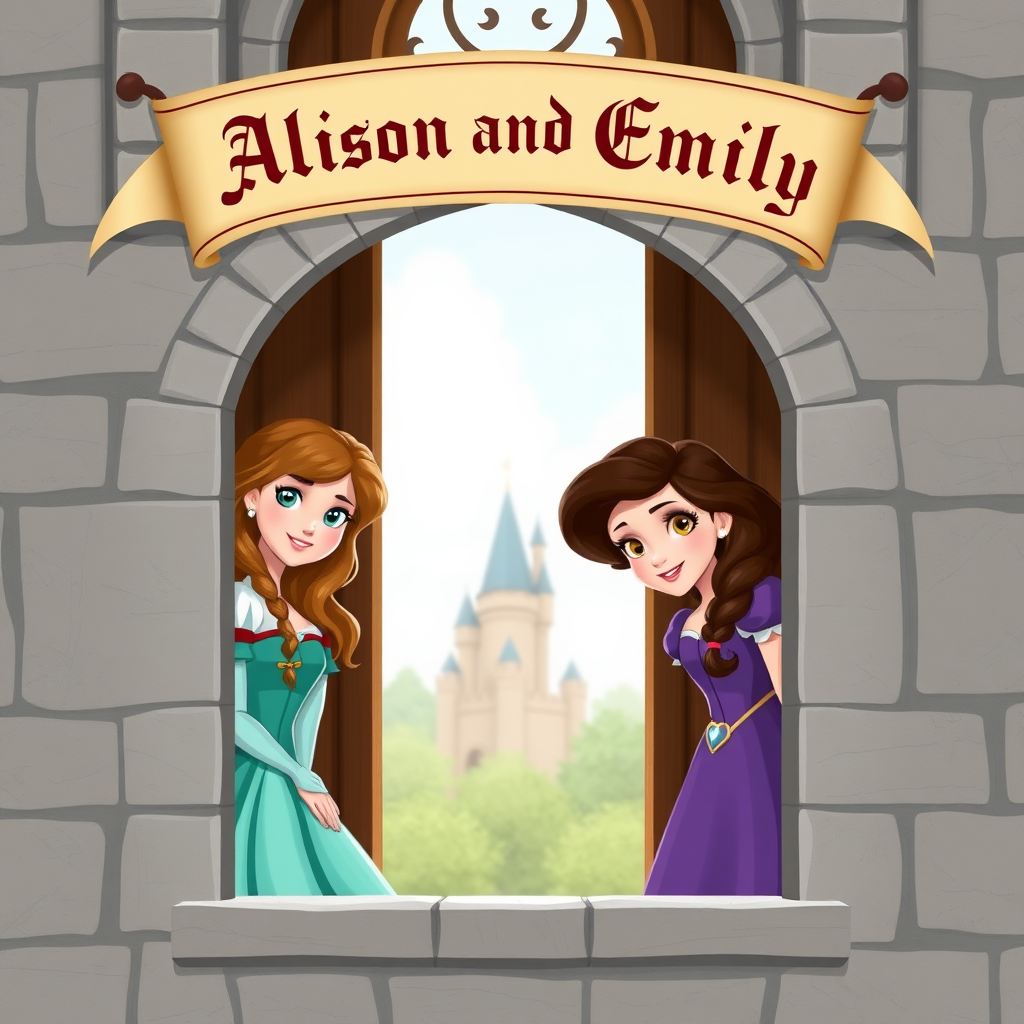 Two princesses, one with light brown hair and aqua colored dress and the other with brunette hair and purple dress peeking out the window of a castle with a medieval banner overhead saying "Allison and Emily"