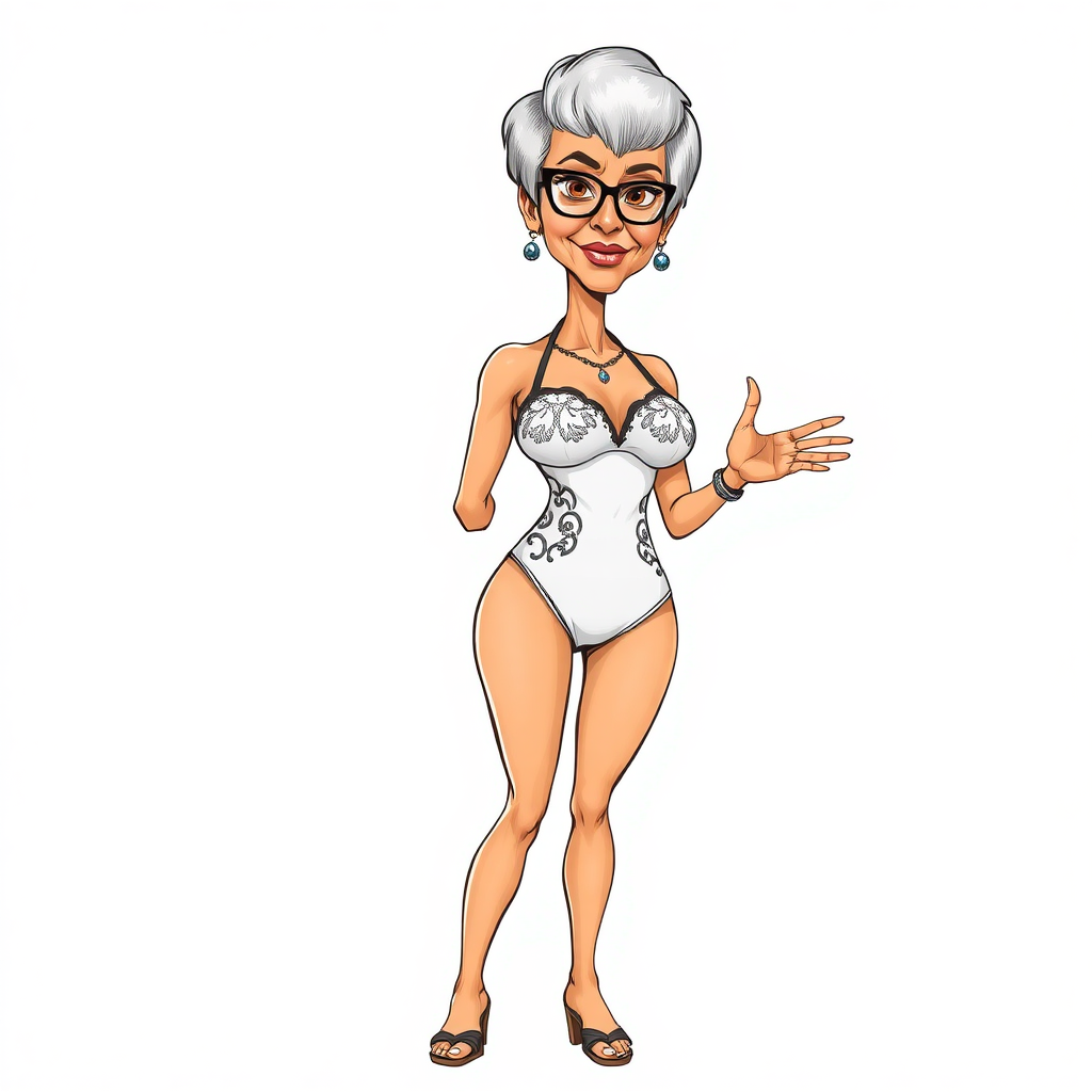 a towering 55 Years old, fit, slim, European, Latina, sharp aquiline nose, wrinkles, high cheekbones, Middle Eastern, Skinny, Tanned skin, Dark light skin, Rounded Medium breasts, Skinny thighs, full Makeup, jewelry, Serious face, Sharp nose, Ash hair, short bowl haircut, Brown eye color, Glasses, with detailed features. she is wearing embroidered black balconette bras and a white high cut cut out 1980s slingshot swimsuit, detailed fabric. full body, high heels sandals, she is gesturing at the viewer, sweating, 
long establishing shot, 2D, caricature, cartoon, Sketch lines, coloring book, nlack and white, coloring book style on white background, well composed, clean coloring book page, No dither, no gradient, strong outline, No fill, No solids, vector illustration, realistic proportions