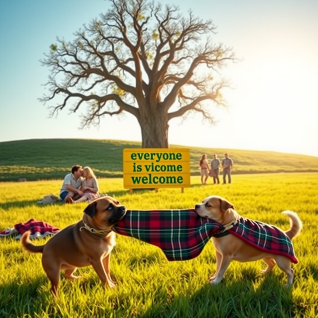 An oak tree standing along in a grassy field. Two different groups of people are having picnics near it. One group has 3 Caucasians. the other group has 4 Asians. In the middle is a sign that says “everyone is welcome” in green text on a yellow background. Two small dogs in the foreground are playing tug-of-war using a tartan blanket in their mouths. The sky is blue, and the sun is shining from the right side.