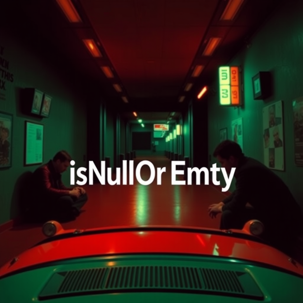 Create an image inspired by an Italian crime movie from the '70s, with the text "isNullOrEmpty"