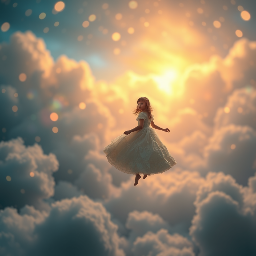 mandelbulb clouds, Low Key Lighting, dreamscape, nebula, Bokeh, abstract, brilliant colors, glittering, translucent, iridescent, glowing, artistic photo, panoramic, airy, original, experimental, fractal, generative art, calm, cinematic shot, opal, gold, preteen girl floating in a distance, in Victorian dress