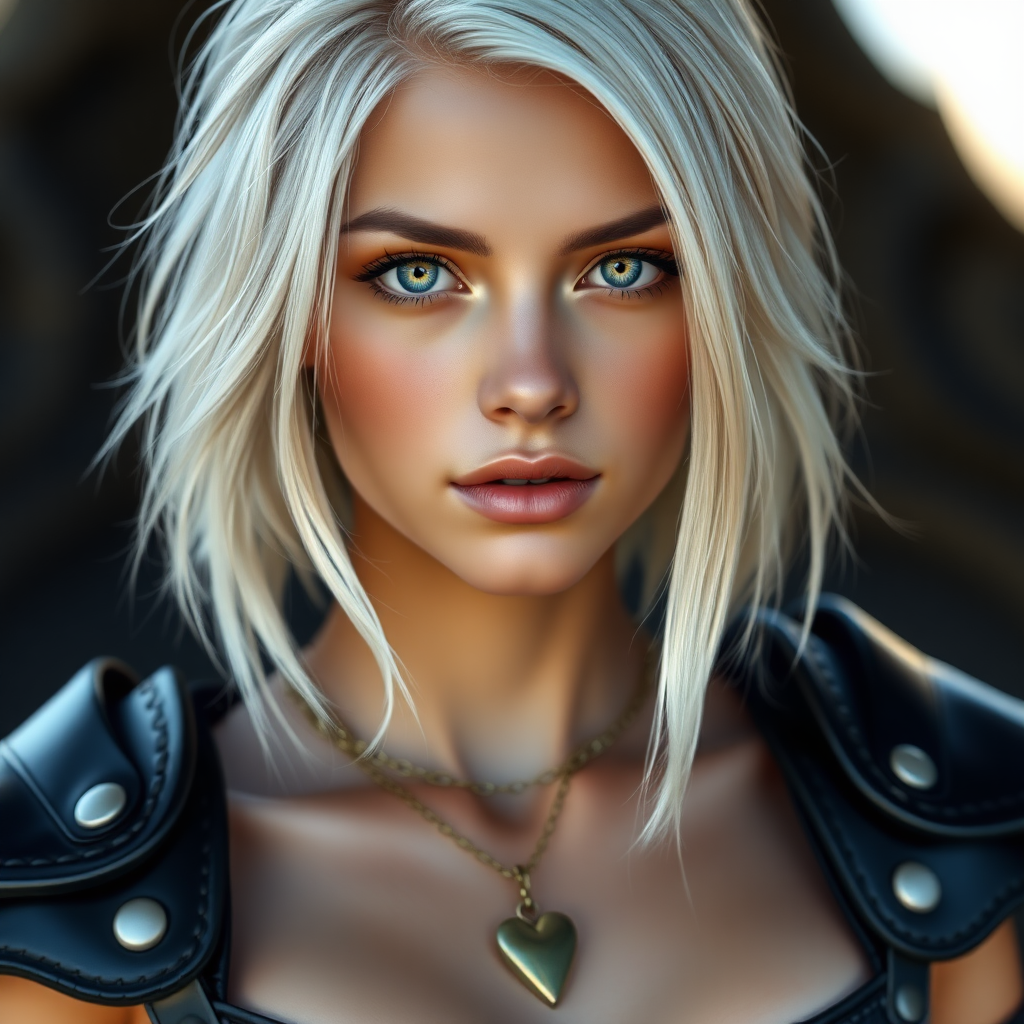 Portrait of a beautiful young platinum blonde woman with green eyes, a suntan, light brown eyebrows, and large breasts. She is wearing black leather armor and a gold necklace with a small heart pendant.