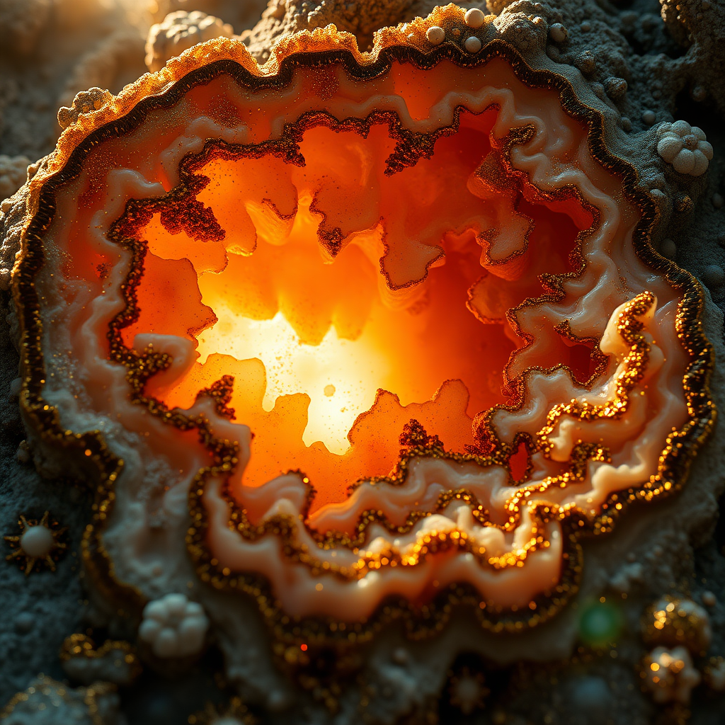 high quality photo, intricate environment, ultra-detailed, impressionistic, dynamic composition, artistic photograph, geode, alabaster, gold, fractal, brilliant colors, glittering, sunlight, illumination, transparency, translucent