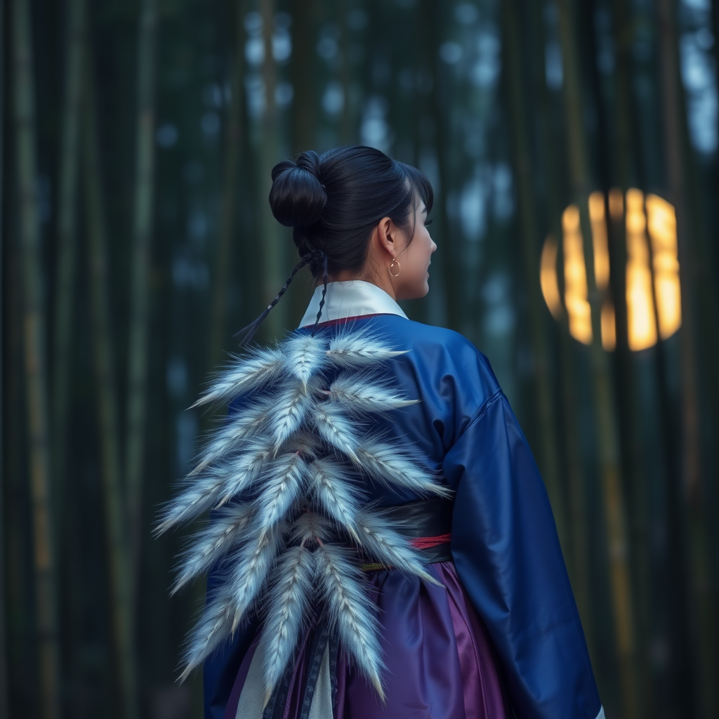 A Korean Woman in an ancient Hanbok, with 9 silver white 20 centimeter thick one meter long foxtails that come from her ass, in front the full moon in a bamboo forest