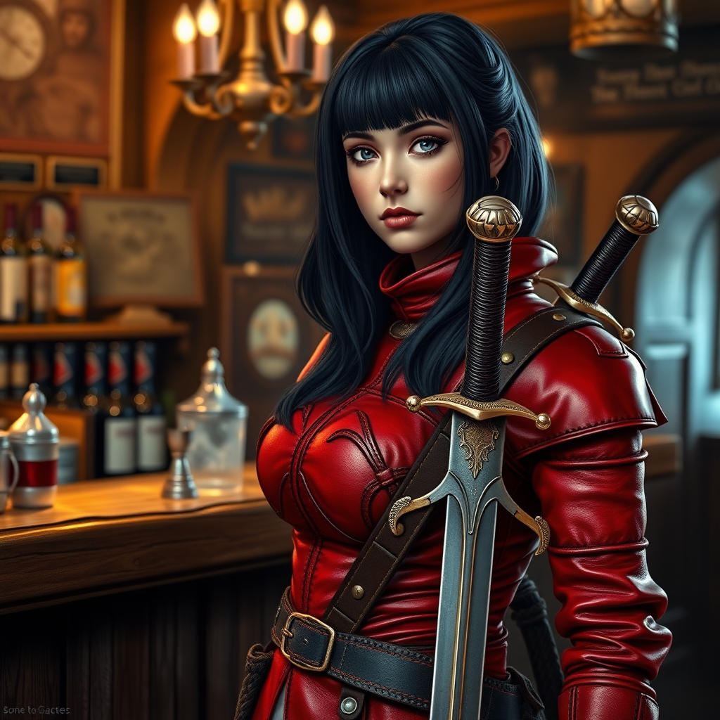 A photo realistic girl with black hair in red leather armor and wearing a sword in a scabbard on her side standing at the bar in a medieval tavern