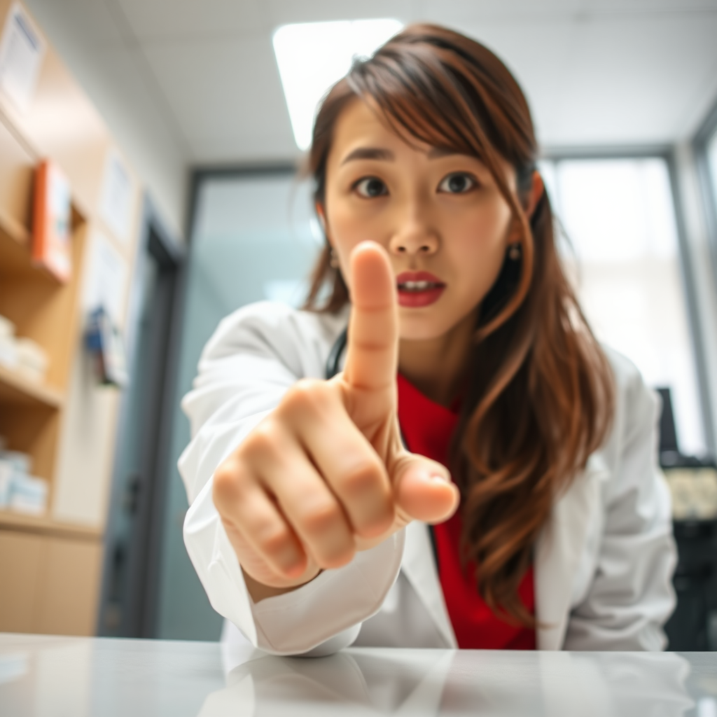 photo low angle POV Korean woman wearing lab coat standing and pointing her finger down toward the table in front of her. she has a surprised look on her face. she looks at the viewer