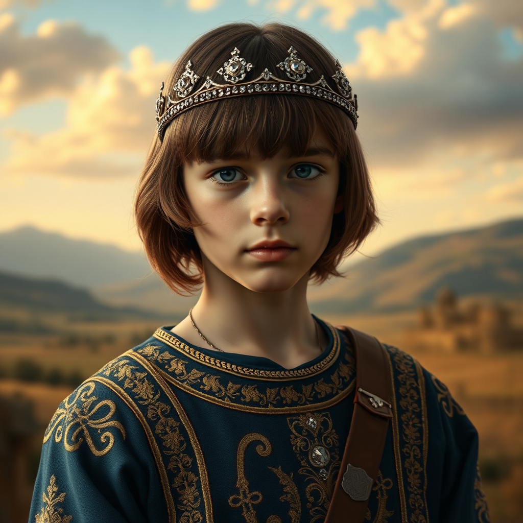 16yo teen boy prince, long bob cut, embroidered with gold and diamonds medieval cloths, diamond diadem, and Beautiful War. Free style by FLUX photorealistic. The background is in the style of landscape style by Antonio del Polaiolo, Generating the 8mm caption at the bottom: Hail to FLUX & Robin Rombach & Andreas Blattmann!, ultra high resolution, 16K,