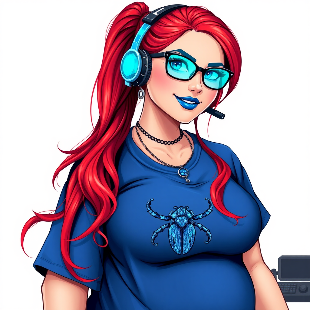 A cyberpunk vigilante’s full-figured intelligent and tech-savvy 28-year-old girlfriend, who is a computer hacker and tech genius. She has a long ruby red ponytail. She wears maximum blue lipstick, bright blue eyes, a sapphire beetle gemstone necklace, sapphire earrings, black eyeglasses, and an oversized maximum blue t-shirt featuring a blue sapphire gemstone crusted beetle chest icon. She has a full-figured physique with a prominent, massive, round belly, reflecting her well-cared-for lifestyle. She sports a sapphire headset with a hi-tech maximum turquoise lensed HUD, and a shy smile with a neon red blush. She serves as his tech expert from his hideout, diligently working at her lab table computer desk. The background is solid white. She is drawn as if she was in a retro 2D cyberpunk fighting game. Ensure her maximum blue t-shirt covers her belly.