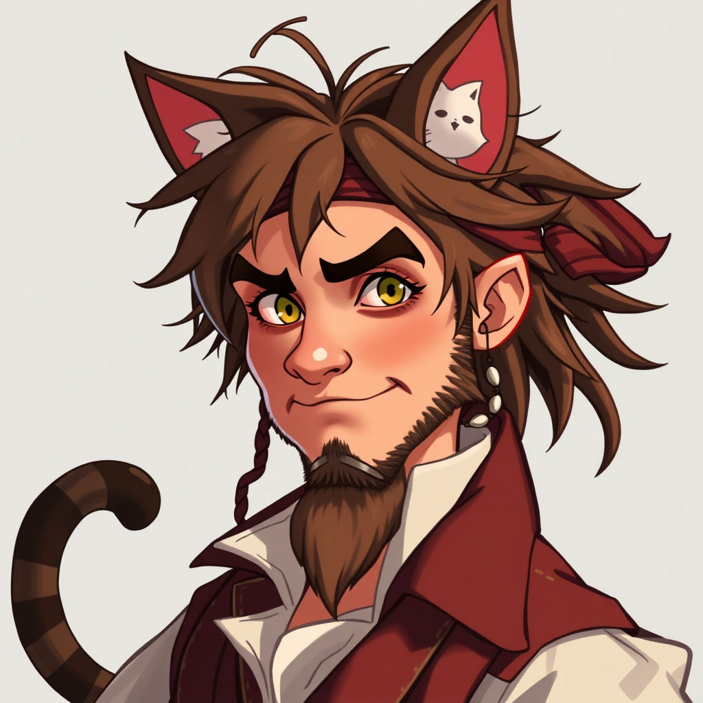 A pirate man with messy brown hair, cat ears, and an animated cat tail.