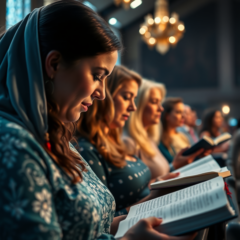 A banner with an image of several women reading their Bibles in a service in an evangelical church, digital art style, ultra detailed, cinematic lights, high quality, 8K