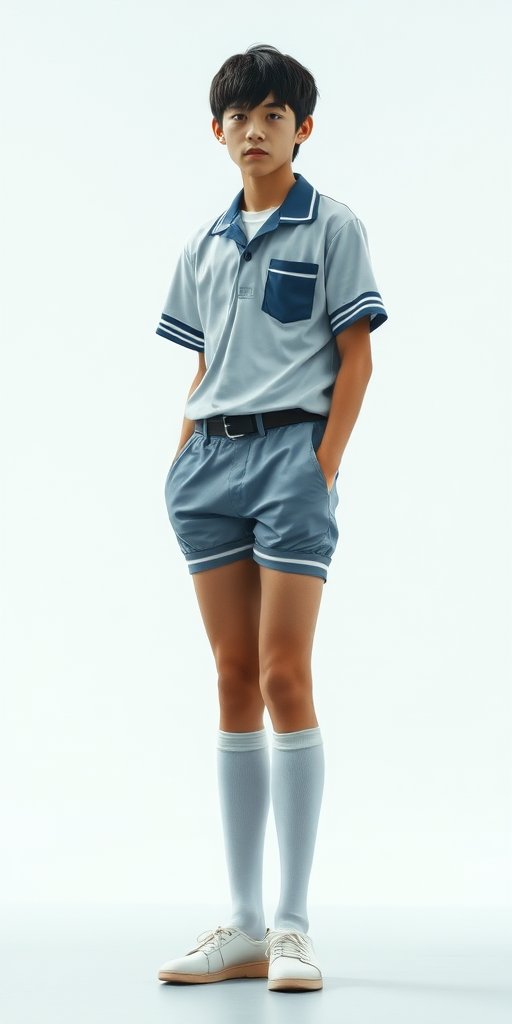 a tall 15yo teen boy, wearing Japanese school uniform with uniform matching very tight booty shorts, tube socks, shoes, long legs, narrow thighs. full-length view. 1980s. photorealistic, ultra high resolution, 16K, Negative: grainy, blurry, bad anatomy, extra limbs, watermark.