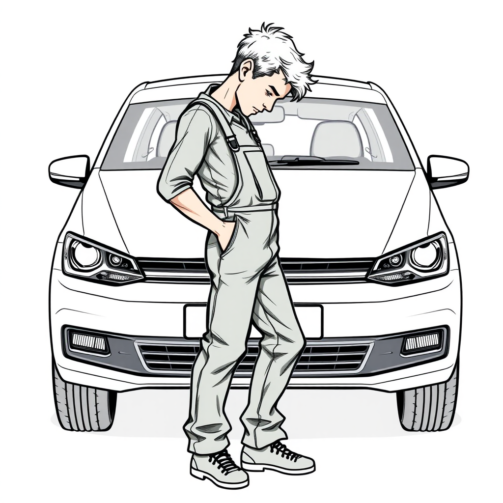 shy nervous small 18 year old european skinny man, coveralls, tense fabric, head down, looking from a distance at a white VW Polo V, side view, detailed feet, 2D, caricature, cartoon, Sketch lines, coloring book, coloring book