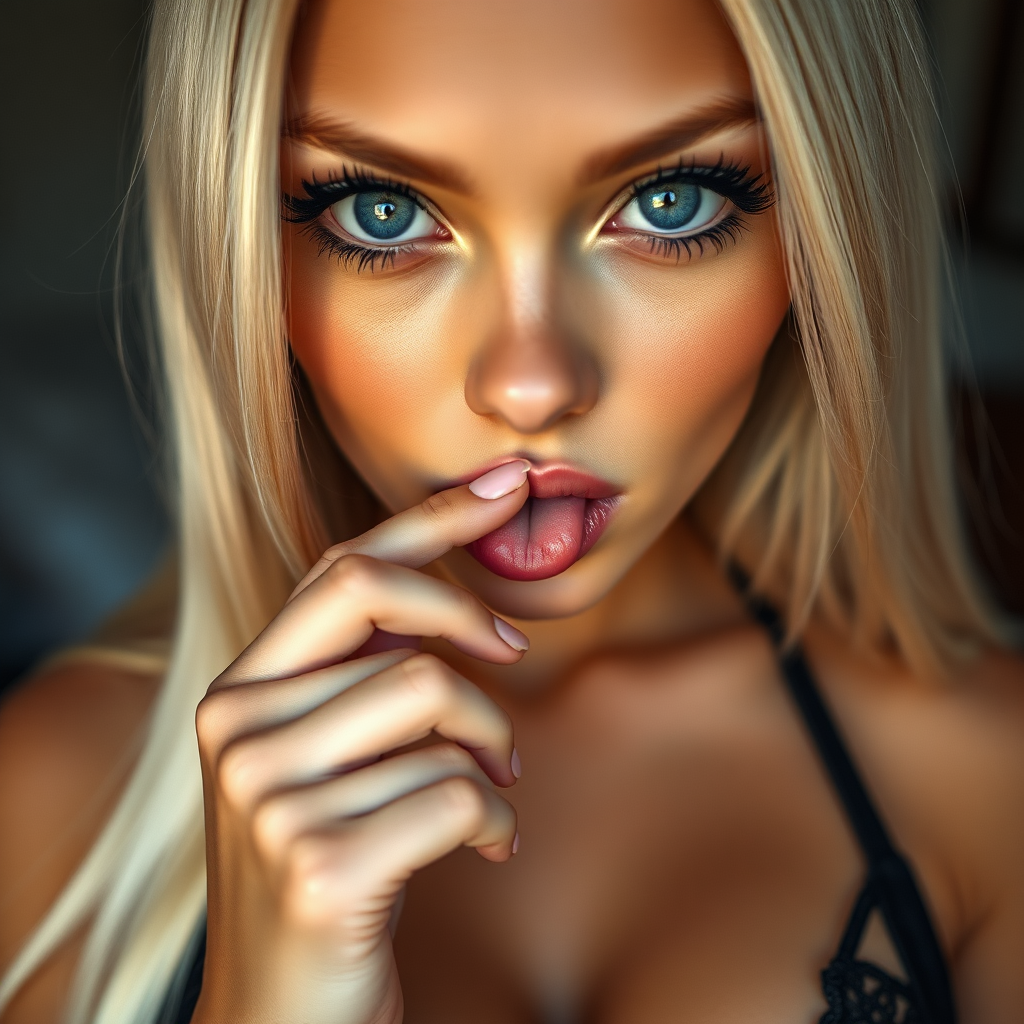 A young woman is holding her finger to her lips, looking at the viewer, blue eyes, blonde hair, solo focus, blurry, lips, eyelashes, blurry background, close-up, realistic. Bleached blonde, black eyeliner, very large eyes, tanned skin. Very long straight hair. Cleavage. Exaggerated long eyelashes. Very huge breast, black laced bra. Tanned skin. Licking her finger, tongue on her finger.