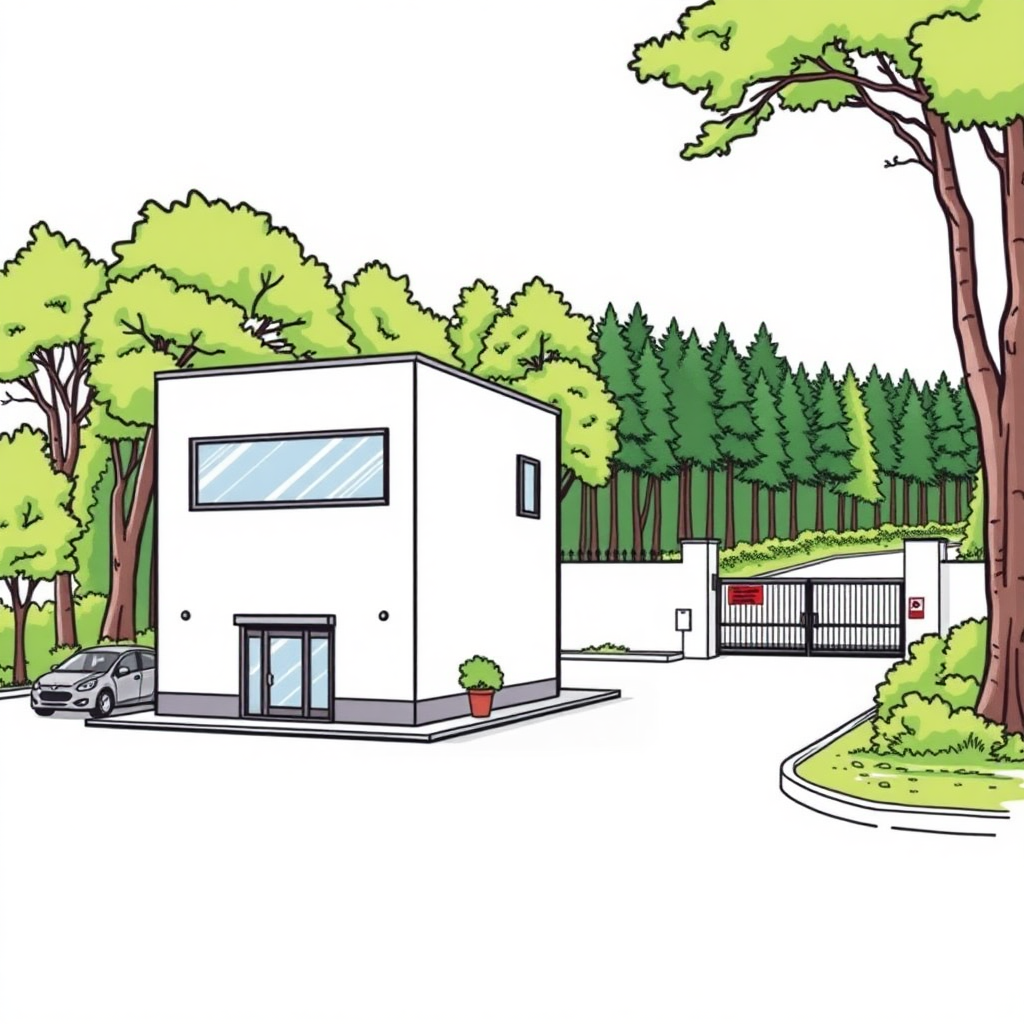 small 2 storeys office building on the left in the foreground, a small company parking lot on the left behind the building, borders, trees, wood outskirt on the right, company gate in the background, colorfoul image long establishing shot, 2D, caricature, cartoon, Sketch lines, coloring book, coloring book style on white background, well composed, clean coloring book page, No dither, no gradient, strong outline, No fill, No solids, vector illustration, realistic proportions, left side view