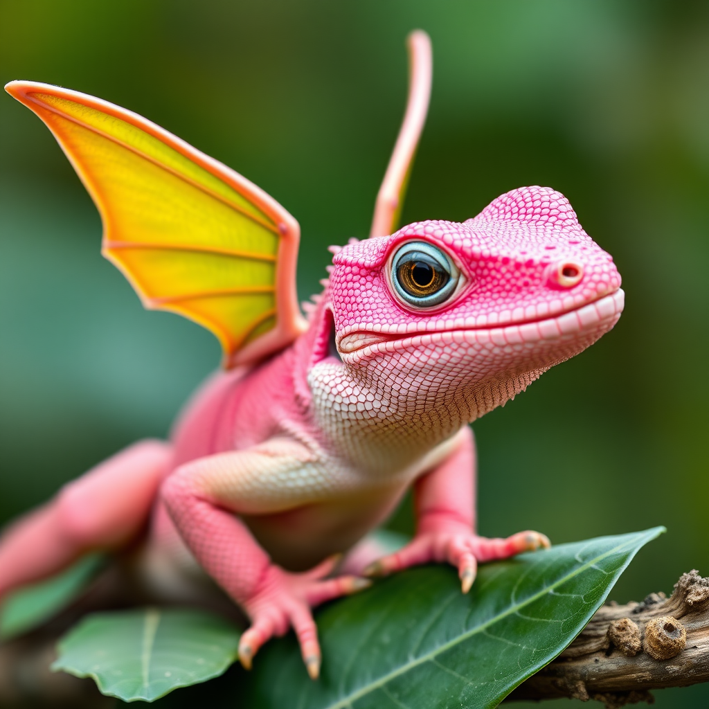 pink lizard, green wings, blue tongue