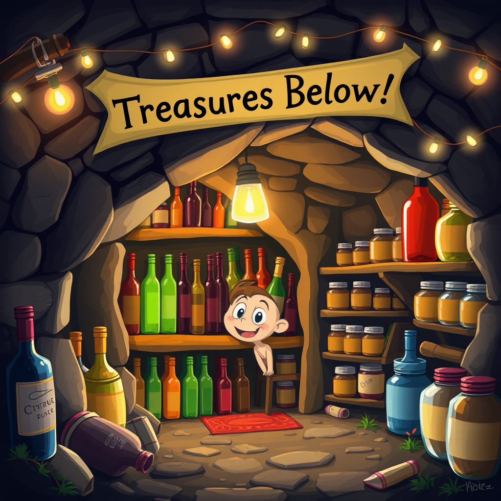 An imaginative scene of a cozy underground cellar filled with colorful wine bottles and shelves lined with jars, with a cartoon character peeking in curiously, surrounded by twinkling fairy lights and a banner overhead reading, "Discover Treasures Below!"